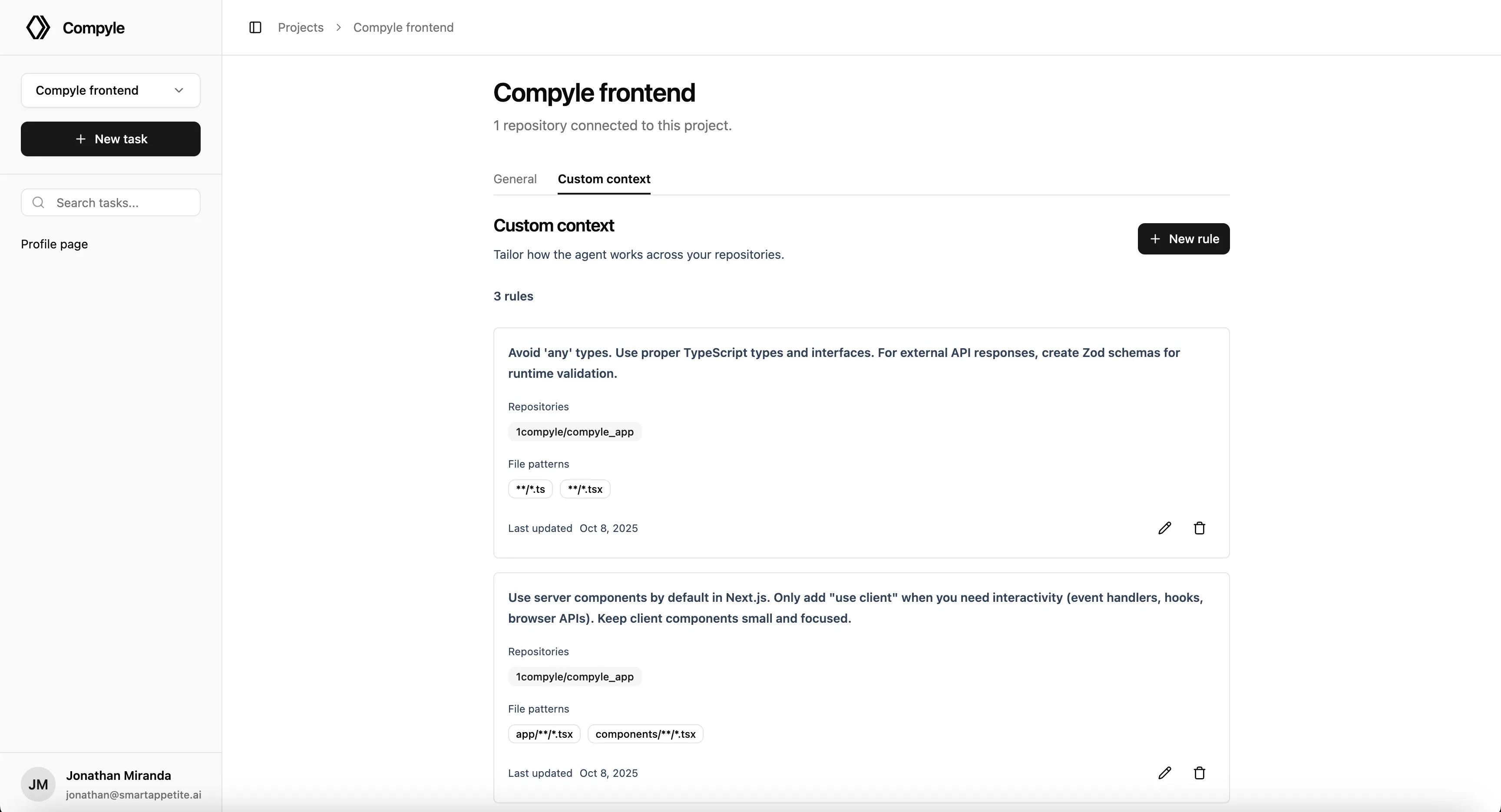 Compyle project rules interface showing patterns, testing, and file structure enforcement